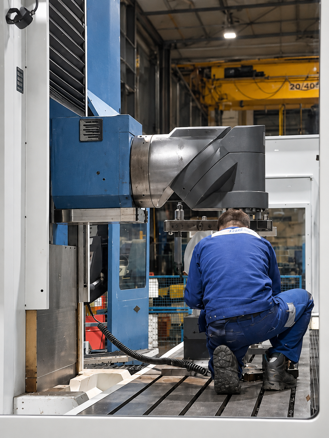 Technicien intervenant sur une machine-outil de 8 mètres en cours de rétrofit