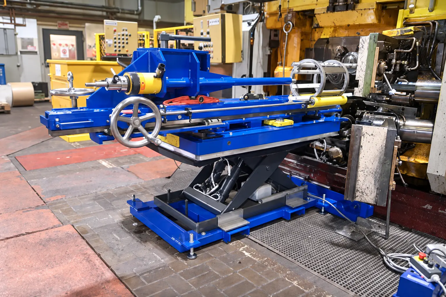 Outillage bleu de manutention pour rampes à galets conçu par ALLIOSS