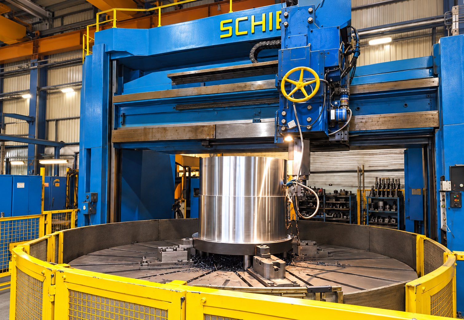 Tour vertical SCHIESS usinant une pièce cylindrique de grand diamètre